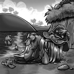 Size: 1000x1000 | Tagged: safe, artist:harwick, derpibooru import, trixie, fish, pony, unicorn, atg 2018, biteacuda, clothes, cup, female, floppy ears, grayscale, hat, inner tube, mare, monochrome, newbie artist training grounds, solo, teacup, trixie's hat, water, wet, wet mane