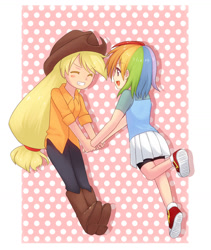 Size: 872x1032 | Tagged: safe, artist:mirakurunaito, applejack, rainbow dash, appledash, applejack's hat, boots, converse, cowboy boots, cowboy hat, female, hat, humanized, lesbian, shipping, shoes