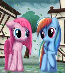 Size: 804x900 | Tagged: safe, artist:ctb-36, pinkie pie, rainbow dash, earth pony, pegasus, pony, duo, female, leaves, looking at each other, mare, pinkamena diane pie, rain, smiling, wet, wet mane