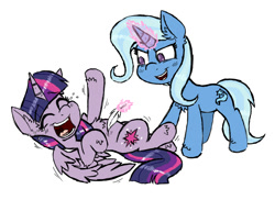 Size: 1100x800 | Tagged: safe, artist:ichibangravity, derpibooru import, trixie, twilight sparkle, twilight sparkle (alicorn), alicorn, pony, crying, feather, female, laughing, levitation, magic, mare, on back, open mouth, telekinesis, tickling, ticklish tummy