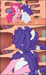 Size: 437x717 | Tagged: safe, pinkie pie, rarity, earth pony, pony, unicorn, duo, female, golden oaks library, mare, messy mane, nigel thornberry