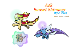 Size: 1050x800 | Tagged: safe, artist:turkleson, derpibooru import, babs seed, sunset shimmer, trixie, pony, unicorn, flying, magic, sunset-answers