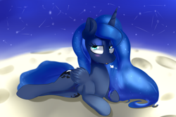 Size: 1600x1060 | Tagged: safe, artist:sourspot, princess luna, alicorn, pony, constellation, looking at you, lying, moon, prone, sigh, solo, stars