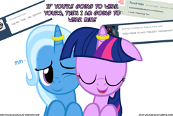 Size: 1050x700 | Tagged: safe, artist:navitaserussirus, derpibooru import, trixie, twilight sparkle, ask, asktwixiegenies, female, horn ring, lesbian, shipping, tumblr, twixie