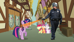 Size: 1244x700 | Tagged: safe, derpibooru import, apple bloom, scootaloo, sweetie belle, twilight sparkle, human, cutie mark crusaders, irl, irl human, john pike, pepper spray, pepper spray cop, photo, police officer, scared, twilybuse