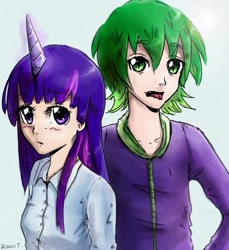 Size: 549x600 | Tagged: safe, artist:rikkutakedo, derpibooru import, spike, twilight sparkle, horned humanization, humanized, older