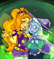 Size: 800x878 | Tagged: safe, artist:puffpink, derpibooru import, adagio dazzle, trixie, anthro, equestria girls, rainbow rocks, adagio dazzle gets around, amulet, blushing, cape, clothes, duo, female, gem, hat, heart, horn, jewelry, lesbian, nail polish, negative energy, ponied up, shipping, siren gem, sweat, triagio, trixie's cape, trixie's hat