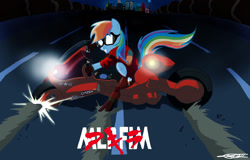 Size: 1280x817 | Tagged: safe, artist:willisninety-six, rainbow dash, pegasus, pony, akira, boots, city, clothes, crossover, female, goggles, highway, mare, motorcycle, shoes, signature, solo