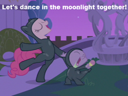 Size: 400x300 | Tagged: safe, edit, edited screencap, screencap, pinkie pie, spike, dragon, earth pony, pony, it's about time, caption, catsuit, eyes closed, female, image macro, male, mare, night