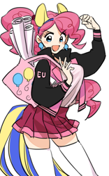 Size: 500x800 | Tagged: safe, artist:bartolomeus_, pinkie pie, human, blushing, clothes, female, humanized, jacket, letterman jacket, looking at you, pony ears, skirt, socks, solo, stockings, thigh highs