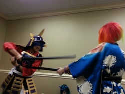 Size: 1024x768 | Tagged: safe, rainbow dash, shining armor, human, armor, cosplay, irl, irl human, photo, samurai, sword, weapon