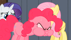 Size: 640x360 | Tagged: safe, screencap, fluttershy, pinkie pie, rarity, earth pony, pegasus, pony, unicorn, the last roundup, female, mare, puffy cheeks, stage, sweat