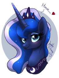 Size: 880x1150 | Tagged: safe, artist:joakaha, princess luna, alicorn, pony, blushing, heart, looking at you, portrait, smiling, solo