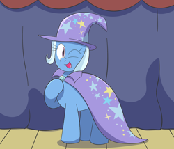 Size: 1280x1097 | Tagged: safe, artist:wheatley, derpibooru import, trixie, pony, unicorn, female, mare, solo, stage, wink