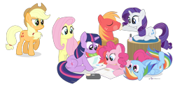 Size: 1500x750 | Tagged: safe, artist:dm29, derpibooru import, applejack, big macintosh, fluttershy, pinkie pie, rainbow dash, rarity, twilight sparkle, earth pony, pegasus, pony, unicorn, makeover, male, mane six, simple background, stallion, transparent background