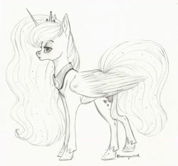 Size: 1710x1596 | Tagged: safe, artist:bloomywind, princess luna, alicorn, pony, monochrome, sketch, solo