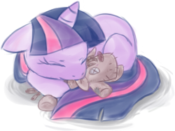 Size: 601x452 | Tagged: safe, artist:mangaka-girl, derpibooru import, smarty pants, twilight sparkle, female, filly, filly twilight sparkle, sleeping, snuggling, solo, younger