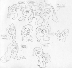 Size: 2621x2466 | Tagged: safe, derpibooru import, apple bloom, applejack, fluttershy, pinkie pie, princess celestia, princess luna, rainbow dash, rarity, trixie, twilight sparkle, alicorn, earth pony, pegasus, pony, unicorn, monochrome, plot, sketch dump, traditional art