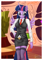 Size: 955x1351 | Tagged: safe, artist:mysticalpha, twilight sparkle, twilight sparkle (alicorn), alicorn, anthro, book, clothes, dress, glasses, golden oaks library, library, necktie, shirt, skirt, smiling, solo, teacher outfit, thigh highs, vest