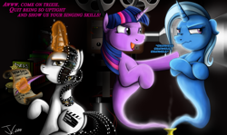 Size: 1200x713 | Tagged: safe, artist:jamescorck, derpibooru import, trixie, twilight sparkle, oc, oc:movie slate, aladdin, ask, asktwixiegenies, dashcon, female, genie, lesbian, shipping, species swap, tumblr, twixie