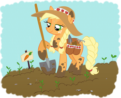 Size: 4000x3227 | Tagged: safe, artist:lauren faust, artist:shelltoon, applejack, earth pony, pony, carrot, colored, food, hat, shovel, solo