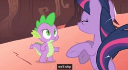 Size: 843x464 | Tagged: safe, derpibooru import, screencap, spike, twilight sparkle, dragon, shipping, youtube caption