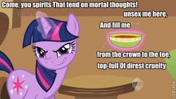 Size: 500x281 | Tagged: safe, derpibooru import, edit, edited screencap, screencap, twilight sparkle, a bird in the hoof, bowl, food, glowing horn, hub logo, image macro, levitation, macbeth, magic, shakespeare, smiling, smirk, solo, soup, telekinesis