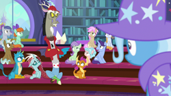 Size: 1280x720 | Tagged: safe, derpibooru import, screencap, clever musings, cozy glow, discord, gallus, november rain, ocellus, peppermint goldylinks, slate sentiments, smolder, strawberry scoop, summer meadow, trixie, violet twirl, pegasus, pony, a matter of principals, 30 rock, cozy glow is not amused, friendship student, how do you do fellow kids