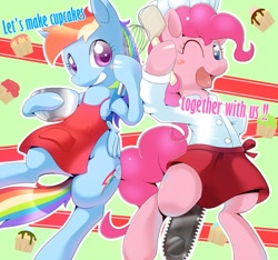 Size: 777x728 | Tagged: safe, artist:oze, pinkie pie, rainbow dash, earth pony, pegasus, pony, fanfic:cupcakes, abstract background, apron, chainsaw, clothes, cupcake, cute, dashabetes, diapinkes, duo, duo female, female, grimcute, mare, naked apron, open mouth, pixiv, smiling, this will end in death