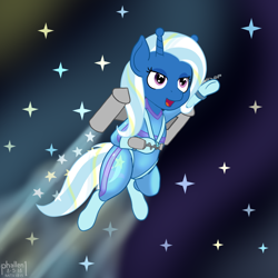 Size: 1500x1500 | Tagged: safe, artist:phallen1, derpibooru import, trixie, alien, alien pony, bicorn, original species, alternate color palette, alternate universe, atg 2018, bodysuit, boots, female, flying, harness, hoof gloves, jetpack, newbie artist training grounds, ray gun, shoes, space, space pony, tack, wingding eyes