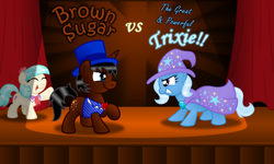 Size: 2000x1200 | Tagged: safe, artist:aleximusprime, derpibooru import, coco pommel, trixie, oc, oc:brownsugar the magician