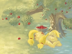 Size: 1080x810 | Tagged: safe, artist:hobbes-maxwell, applejack, earth pony, pony, apple, sleeping, solo, tree