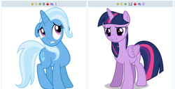 Size: 518x265 | Tagged: safe, artist:bobsicle0, artist:jeatz-axl, derpibooru import, trixie, twilight sparkle, twilight sparkle (alicorn), alicorn, pony, derpibooru, exploitable meme, female, floppy ears, juxtaposition, juxtaposition win, lesbian, mare, meme, meta, shipping, stare down, twixie