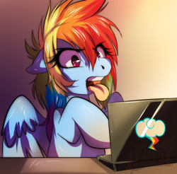 Size: 962x947 | Tagged: safe, artist:tartii, rainbow dash, pegasus, pony, computer, disgusted, laptop computer, open mouth, solo, tongue out