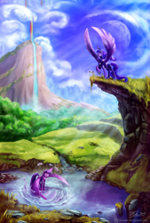 Size: 1200x1770 | Tagged: safe, artist:tsitra360, artist:viwrastupr, princess luna, twilight sparkle, twilight sparkle (alicorn), alicorn, pony, collaboration, rainbow falls, female, majestic, mare, scenery, scenery porn