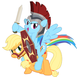 Size: 2880x2880 | Tagged: safe, artist:yudhaikeledai, applejack, rainbow dash, earth pony, pegasus, pony, >:), bridle, female, hatless, helmet, high res, mare, missing accessory, open mouth, ponies riding ponies, riding, roman, rome, shield, simple background, sword, transparent background, vector, weapon