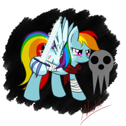 Size: 1600x1600 | Tagged: safe, artist:natsu714, rainbow dash, pegasus, pony, bandage, cosplay, solo, soul eater, sword, weapon