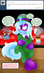 Size: 1260x2057 | Tagged: safe, artist:blackbewhite2k7, derpibooru import, trixie, angry, ask, batman, blushing, cigarette, coffee, crossover, frustrated, the riddler, tumblr