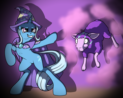 Size: 2000x1600 | Tagged: safe, artist:ohemo, derpibooru import, starlight glimmer, trixie, pony, sheep, unicorn, atg 2018, cape, clothes, female, hat, mare, newbie artist training grounds, transformation, trixie's cape, trixie's hat