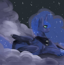 Size: 439x448 | Tagged: safe, artist:whale, princess luna, alicorn, pony, cloud, cloudy, night, night sky, prone, sky, solo, stars