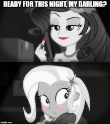 Size: 500x562 | Tagged: safe, derpibooru import, edit, edited screencap, screencap, rarity, trixie, better together, equestria girls, rarity investigates: the case of the bedazzled boot, blush sticker, blushing, clothes, detective rarity, female, lesbian, lipstick, meme, monochrome, neo noir, partial color, rarity investigates (eqg): trixie, rarixie, shipping