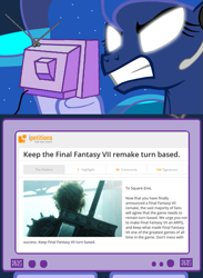 Size: 563x769 | Tagged: safe, princess luna, alicorn, pony, cloud strife, exploitable meme, fandumb, final fantasy, final fantasy vii, gamer luna, gamer meme, meme, meta, obligatory pony, op is a cuck, petition, remake, tv meme