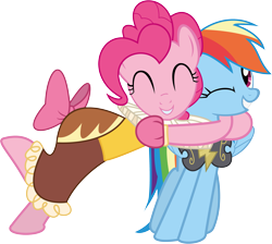 Size: 4557x4082 | Tagged: safe, artist:waranto, chancellor puddinghead, commander hurricane, pinkie pie, rainbow dash, earth pony, pegasus, pony, hearth's warming eve (episode), absurd resolution, costume, female, hearth's warming eve, hug, lesbian, mare, pinkiedash, shipping, simple background, smiling, transparent background, vector