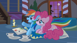 Size: 1300x731 | Tagged: dead source, safe, artist:volmise, pinkie pie, rainbow dash, earth pony, pegasus, pony, candle, fanfic, female, lesbian, mare, night, pinkiedash, prone, reading, shipping, smiling, sugarcube corner, tea