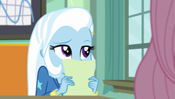 Size: 1280x720 | Tagged: safe, derpibooru import, screencap, fluttershy, trixie, a little birdie told me, better together, equestria girls, canterlot high, classroom, cute, desk, diatrixes, female, frustrated, hiding face, math test, offscreen character, paper