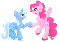 Size: 2056x1448 | Tagged: dead source, safe, artist:tricks-up-my-sleeve, derpibooru import, pinkie pie, trixie, earth pony, pony, unicorn, blushing, chest fluff, dancing, ear fluff, female, lesbian, mare, shipping, simple background, smiling, transparent background, trixiepie, unshorn fetlocks