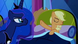 Size: 1280x720 | Tagged: safe, edit, edited screencap, screencap, applejack, princess luna, alicorn, earth pony, pony, do princesses dream of magic sheep, bed, inverted mouth