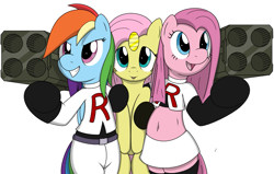 Size: 1001x638 | Tagged: safe, artist:tg-0, fluttershy, pinkie pie, rainbow dash, pegasus, pony, bipedal, flutterdashpie, meowth, pinkamena diane pie, pokémon, team rocket