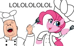 Size: 800x500 | Tagged: safe, pinkie pie, earth pony, human, pony, chef's hat, duo, female, hat, human male, male, mare, meme, simple background, spatula, white background