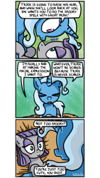 Size: 423x750 | Tagged: safe, artist:foudubulbe, derpibooru import, maud pie, trixie, pony, comic:damp rocks, blushing, comic, cute, eye contact, eyes closed, female, lesbian, maudabetes, mauxie, on back, shipping, smiling, sweat, when she smiles